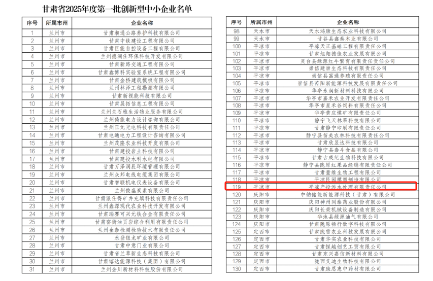 喜報(bào)！市產(chǎn)投集團(tuán)污水處理公司成功入圍甘肅省2025年度第一批創(chuàng)新型中小企業(yè)！(圖1)